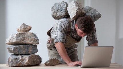 Crushed by the Weight of Work: Man Struggling with Laptop and Heavy Rocks