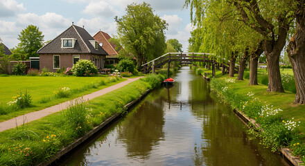 Fototapeta premium Picturesque Dutch village canal scene with traditional houses, lush greenery, and a wooden footbridge.