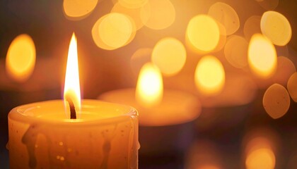 Burning Candle with Warm Golden Glow and Bokeh Lights