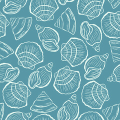 Seashells Seamless Pattern Line Art Style. Shell Simple Hand Drawn Art Print for Trendy Design. Ocean and Sea Abstract Vector Illustration in Doodle Sketch Style.
