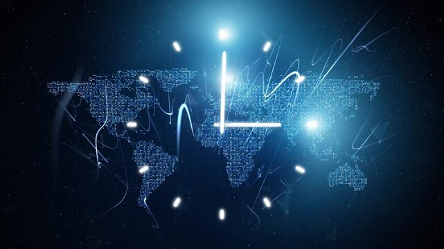 Digital world map with loop time clock animation. - Powered by Adobe
