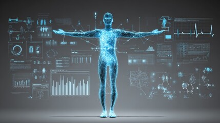 Holographic human figure with extended arms surrounded by futuristic medical icons, digital data charts, and molecules, symbolizing AI-driven health technology and biometric diagnostics