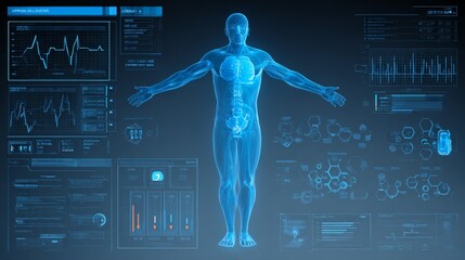 Holographic human figure with extended arms surrounded by futuristic medical icons, digital data charts, and molecules, symbolizing AI-driven health technology and biometric diagnostics