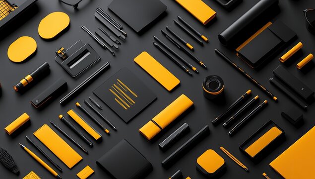 Black and yellow office supplies arranged in a grid pattern
