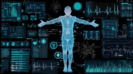 Holographic human figure with extended arms surrounded by futuristic medical icons, digital data charts, and molecules, symbolizing AI-driven health technology and biometric diagnostics