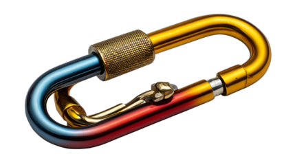 Detailed view of a multi colored climbing carabiner with a screw gate and textured locking mechanism isolated on transparent background