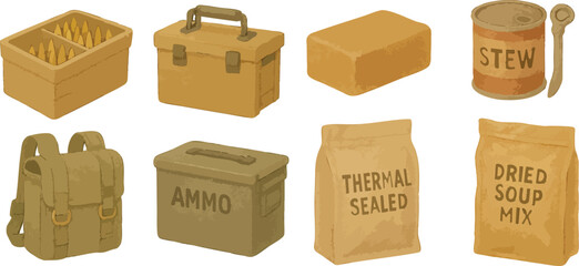 Military Ammo Boxes and Survival Food Rations in Colorful Loose Watercolor Style Tactical War Supplies and Emergency Gear Illustration | Generative AI