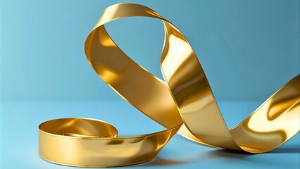 Gold metallic ribbon curled elegantly on a soft matte blue background.