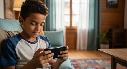 Curious boy using smartphone on couch