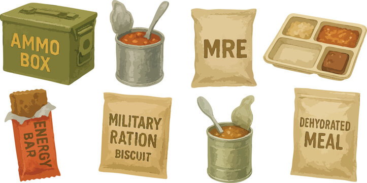 Military Ammo Boxes and Survival Food Rations in Colorful Loose Watercolor Style Tactical War Supplies and Emergency Gear Illustration | Generative AI