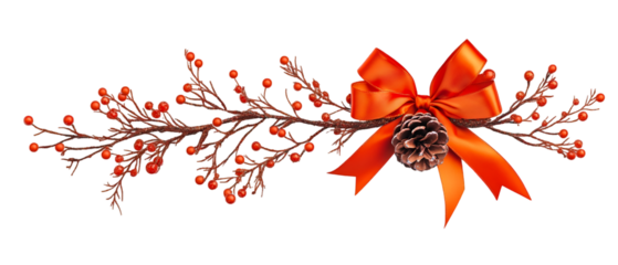 Festive holiday arrangement featuring a bright orange bow, pinecone, and red berry branch on a transparent background.