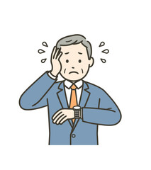 仕事が忙しく腕時計を見て焦る高齢男性の上半身イラスト