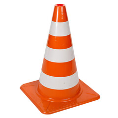 An orange and white striped traffic cone isolated on transparent background
