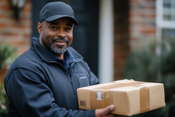 Delivery man hands over a package to the receiver on the doorsteps, ensuring timely and secure delivery of items to the customer., Generative AI