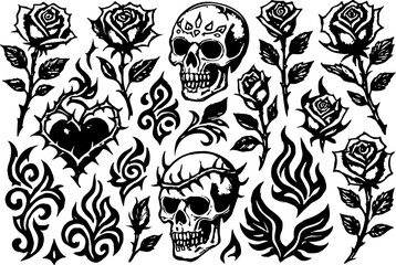 Skulls, Roses, and Tribal Tattoo Elements Set Tattoo Flash Elements Vector Bundle