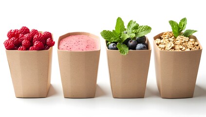 Kraft boxes aligned with red berries, puffed rice, smoothie, mint, and one left blank. Natural textures on white.

