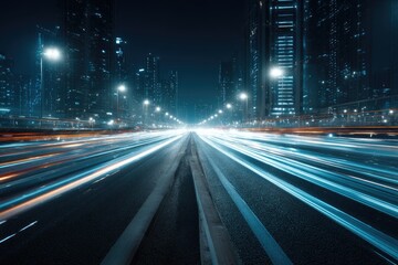 Night city highway with light trails