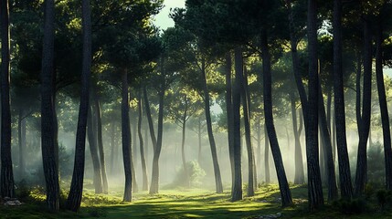 Lush green forest with morning mist covering the tall pine trees
