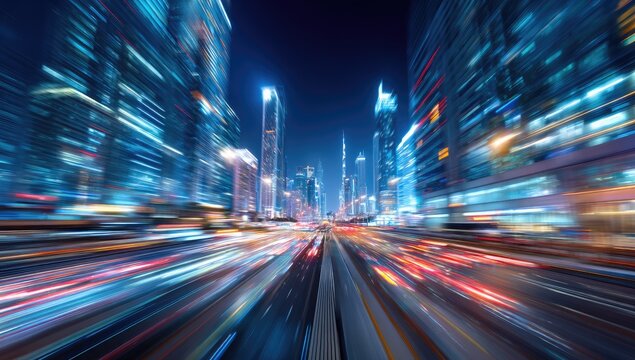 Fast-paced city street at night, vibrant light streaks