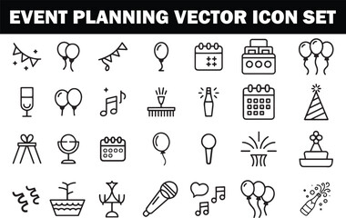 Event Planning Vector Icon Set 
 vector illustration line icon Celebration, party, calendar, confetti, balloons, music, champagne, decoration, microphone, festival, event organizer, special occasion i