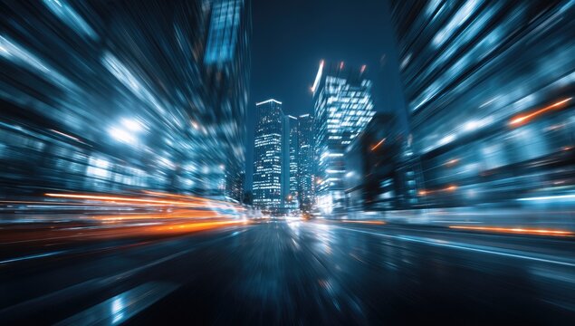 Night city street, motion blur effect.  Modern skyscrapers line a busy urban roadway at night.  Streaked lights of vehicles and buildings.  Dynamic, fast-paced cityscape