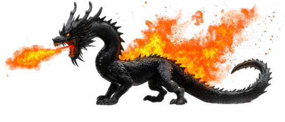 Dramatic black dragon breathes fire, evoking fantasy and strength on a transparent background for creative designs