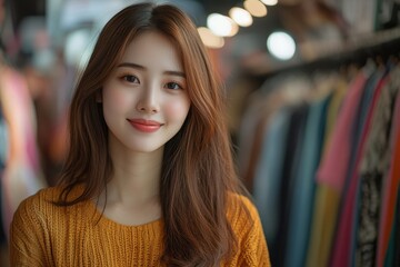 Obraz premium Asian female considers which clothes to wear for a date night, carefully selecting an outfit that complements her style and the occasion., Generative AI