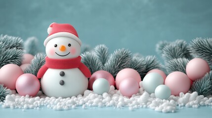 Cute snowman with Christmas ornaments and snowy pine branches