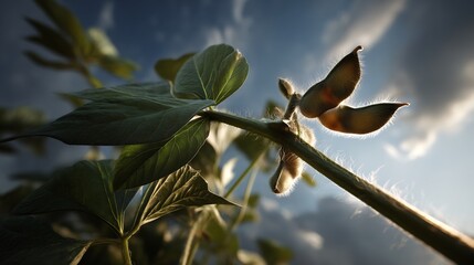 Fototapeta premium Soybean pods in the field, backlit by the sun against a cloudy sky background