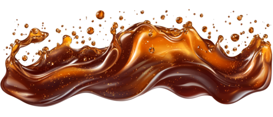 Liquid caramel swirls with glossy highlights and droplets on a transparent background, creating a smooth, wavy abstract.