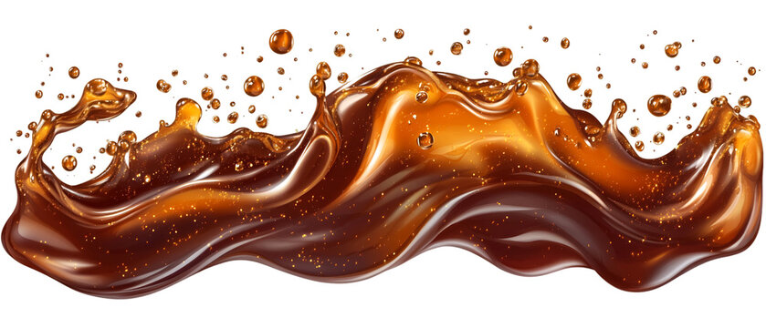Liquid caramel swirls with glossy highlights and droplets on a transparent background, creating a smooth, wavy abstract.