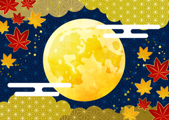 文様紅葉と満月の十五夜お月見背景、横、イラスト、かわいい