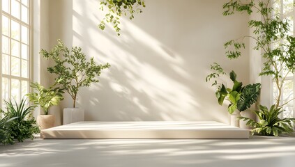 A warm beige room with plants and trees. Sunlight and soft walls set a calm stage for a clean product scene.

