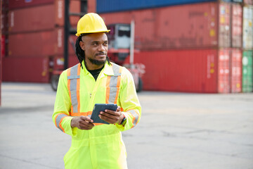 Engineer or worker using tablet for work in containers warehouse storage