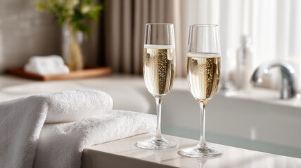 Two glasses of sparkling champagne with white towels near bathtub creating relaxing and elegant atmosphere
