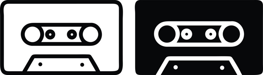 Minimalist Black and White Audio Cassette Tape Icon with Retro Vector Design