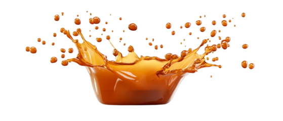 Captivating caramel liquid splashing with dynamic motion against a sleek transparent background creates a visually striking confectionery delight.