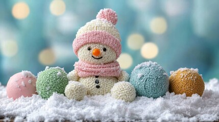 Knitted snowman with colorful balls in snow, winter scene
