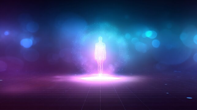 Glowing holographic ethereal figure standing in center with soft blue and purple lights on a digital grid background, expressing a tranquil and spiritual atmosphere with smooth light gradients