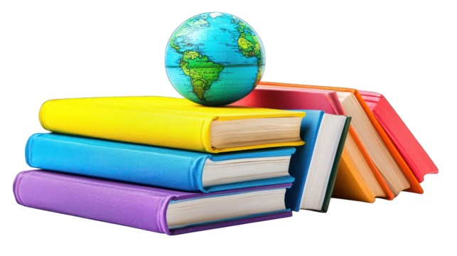Stacked books topped with a globe
