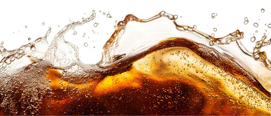 Rich amber liquid creates a dynamic splash against a stark black backdrop, showcasing movement and texture with fine bubbles, transparent background