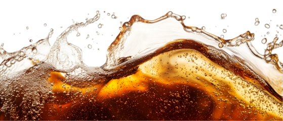 Rich amber liquid creates a dynamic splash against a stark black backdrop, showcasing movement and texture with fine bubbles, transparent background