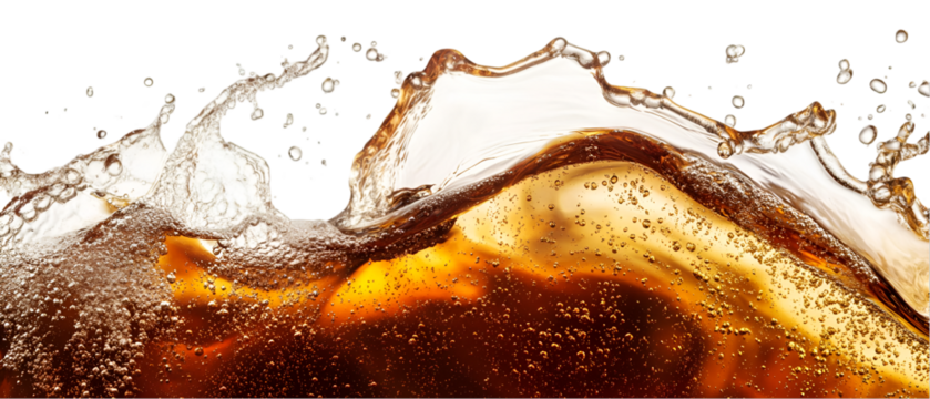 Rich amber liquid creates a dynamic splash against a stark black backdrop, showcasing movement and texture with fine bubbles, transparent background