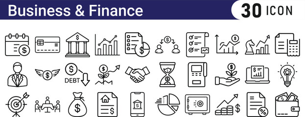 Business and finance line icon set. outline style investment, accounting, and management symbols for financial planning: team, invoice, folder, calendar, discount, target
