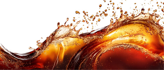 Golden liquid flows in an amber cascade against a stark black backdrop, creating dynamic splashes perfect for beverage designs, transparent background