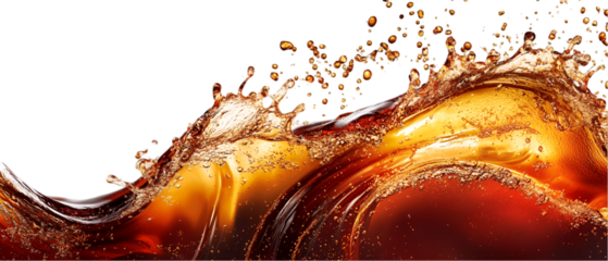 Golden liquid flows in an amber cascade against a stark black backdrop, creating dynamic splashes perfect for beverage designs, transparent background