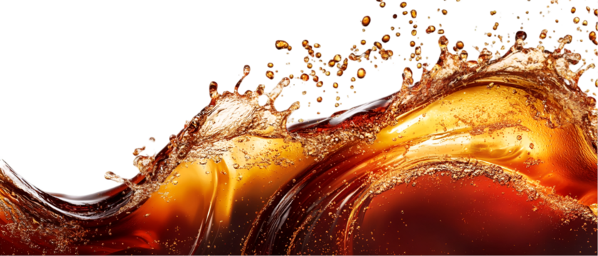 Golden liquid flows in an amber cascade against a stark black backdrop, creating dynamic splashes perfect for beverage designs, transparent background