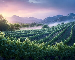 Lush vineyard at dawn with early morning fog rolling through the hills