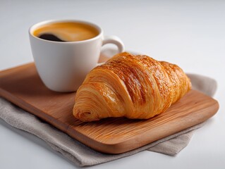 Overhead View of Coffee and Croissant on Minimalist White Table