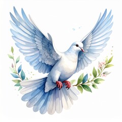 White Dove in Flight Watercolor Painting with Green Branches